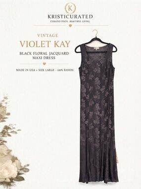 Vintage Violet Kay Black Floral Jacquard Maxi Dress USA Rayon L Whimsigoth